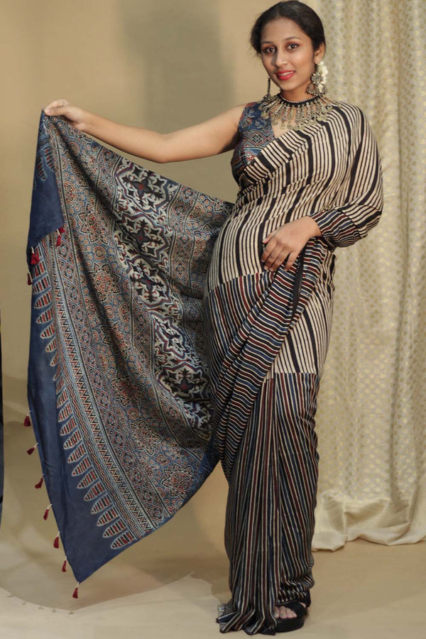 Cotton Silk Saree | Striped Ajrakh