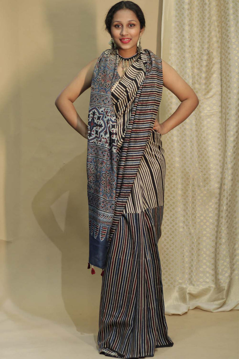 Cotton Silk Saree | Striped Ajrakh