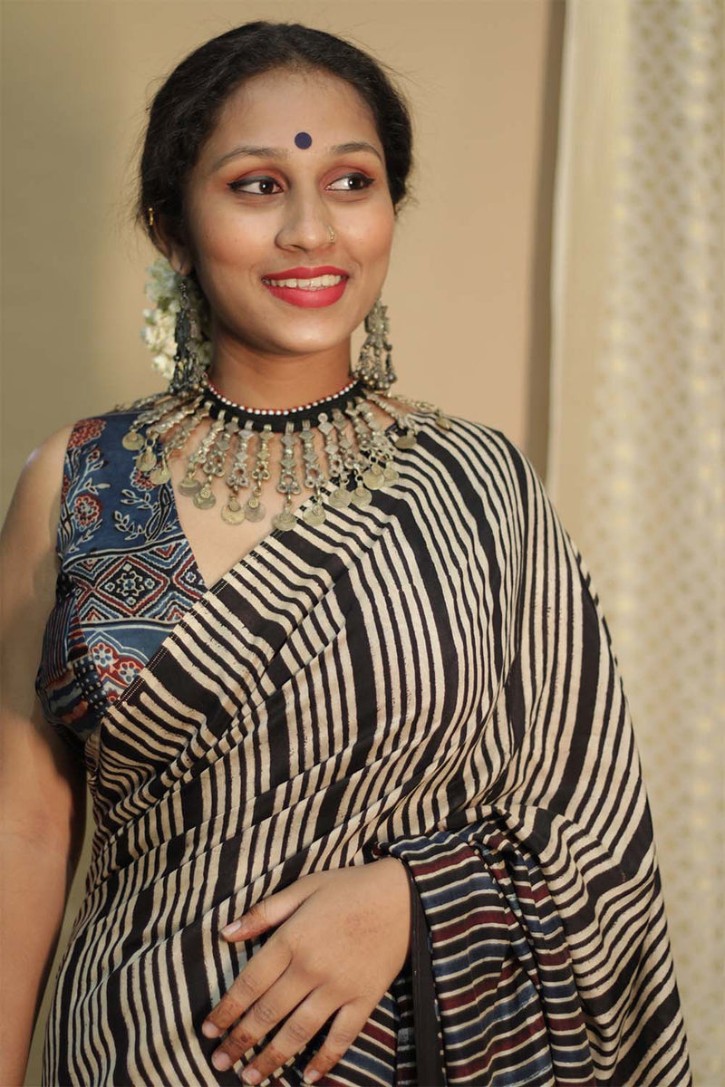 Cotton Silk Saree | Striped Ajrakh