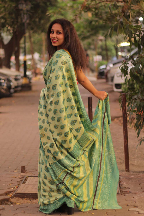 Modal Silk | Bagru Vanaspati Saree | Green