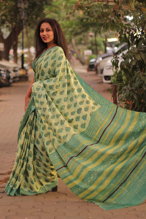 Modal Silk | Bagru Vanaspati Saree | Green