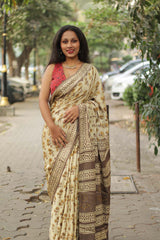Modal Silk | Bagru Vanaspati Saree | Almond floral