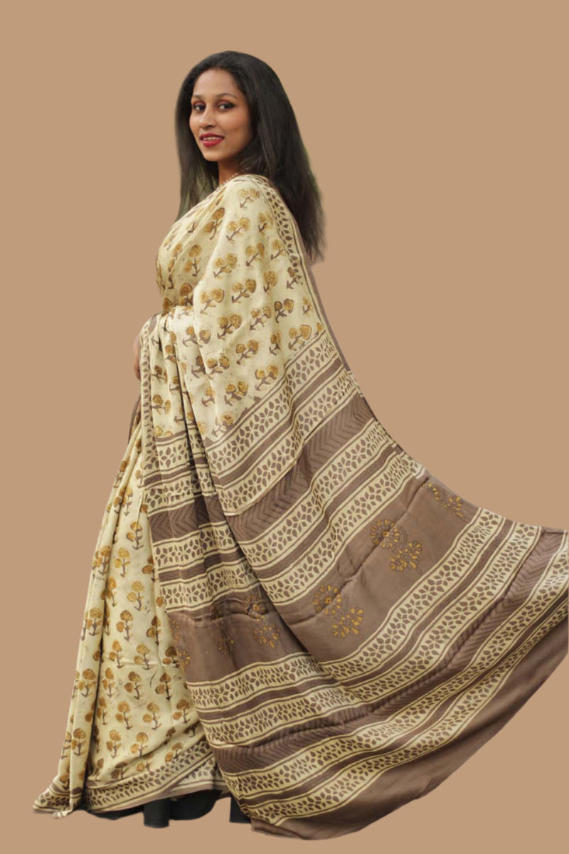 Modal Silk | Bagru Vanaspati Saree | Almond floral