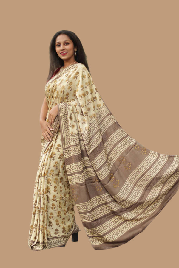 Modal Silk | Bagru Vanaspati Saree | Almond floral