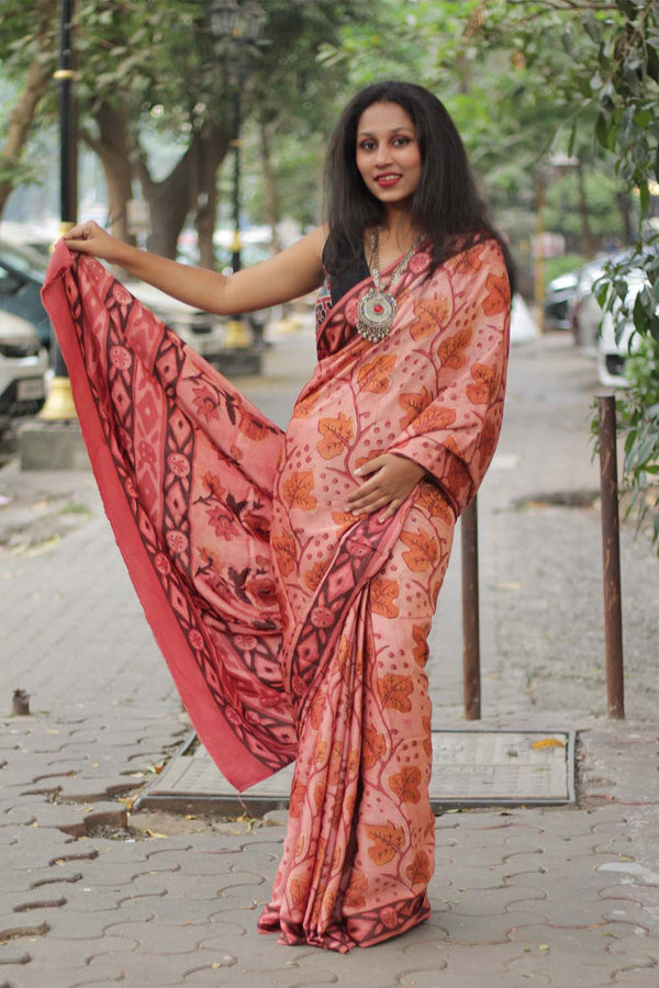 Modal Silk | Bagru Vanaspati Saree | Rust Leaves