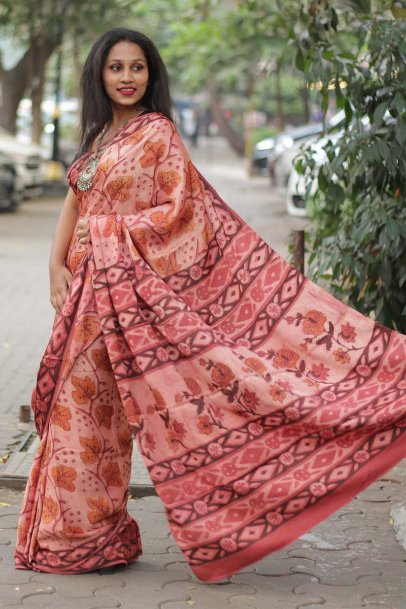 Modal Silk | Bagru Vanaspati Saree | Rust Leaves