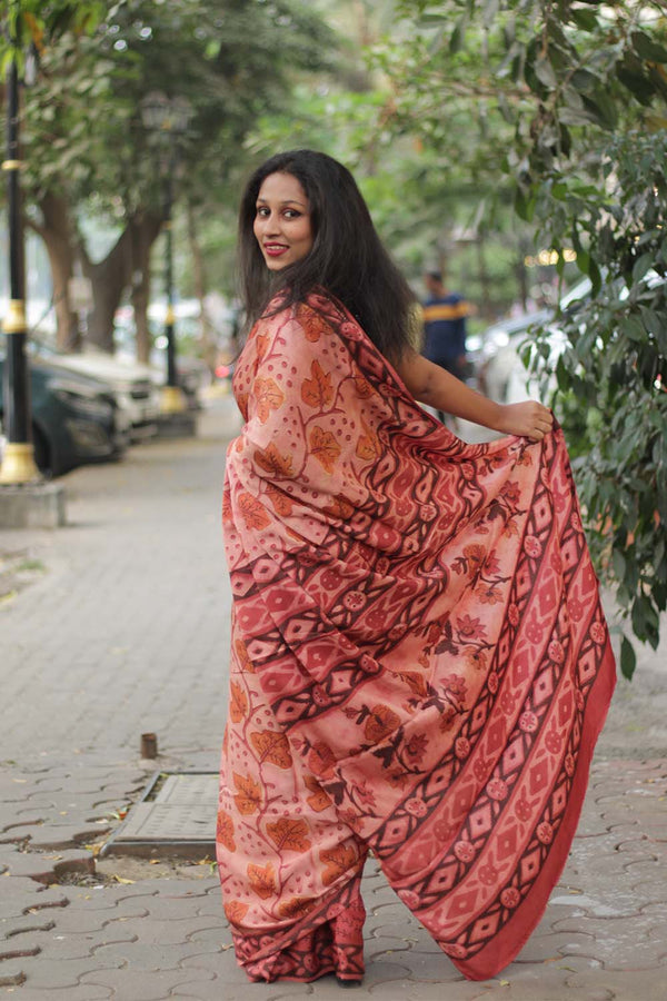 Modal Silk | Bagru Vanaspati Saree | Rust Leaves