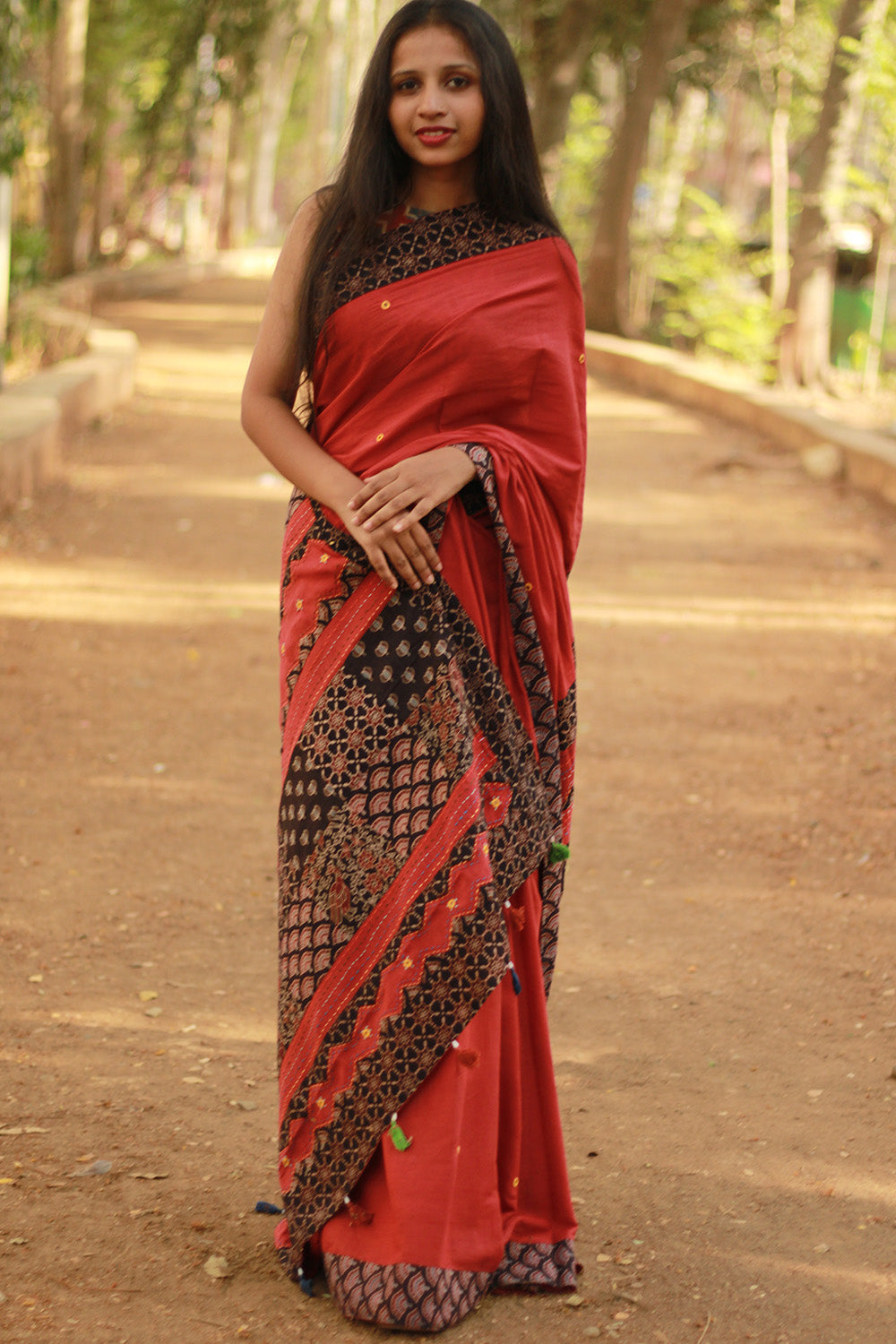 Ajrakh Patchwork Cotton Saree | Red & Black