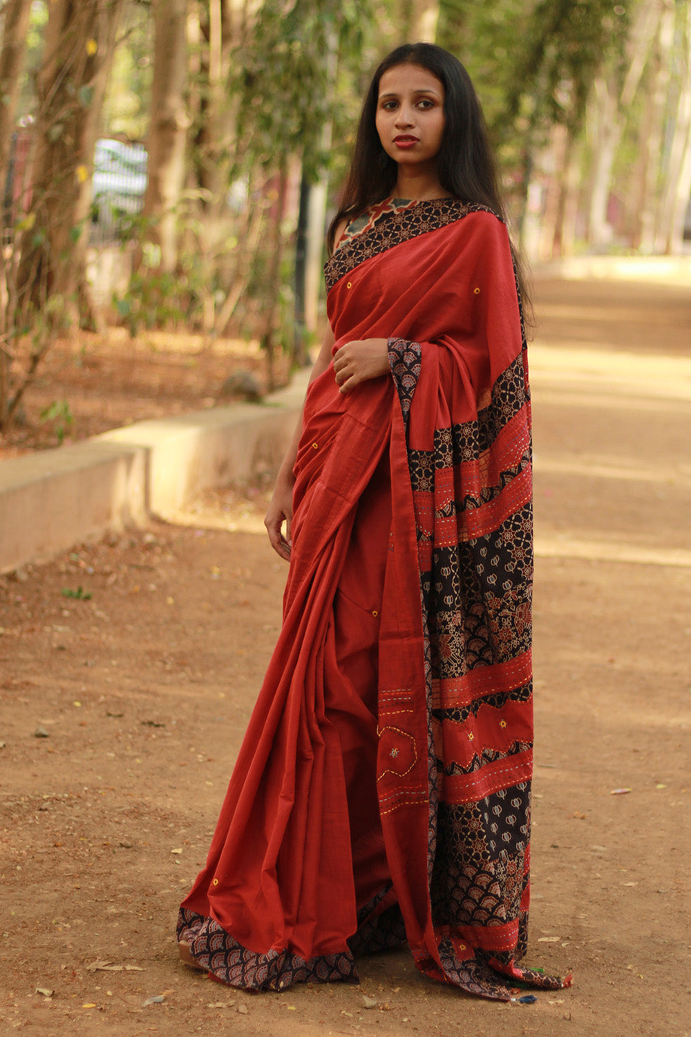 Ajrakh Patchwork Cotton Saree | Red & Black