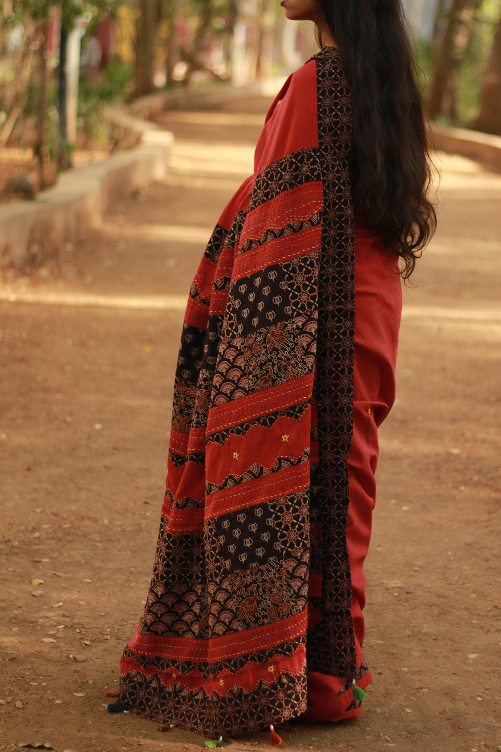 Ajrakh Patchwork Cotton Saree | Red & Black