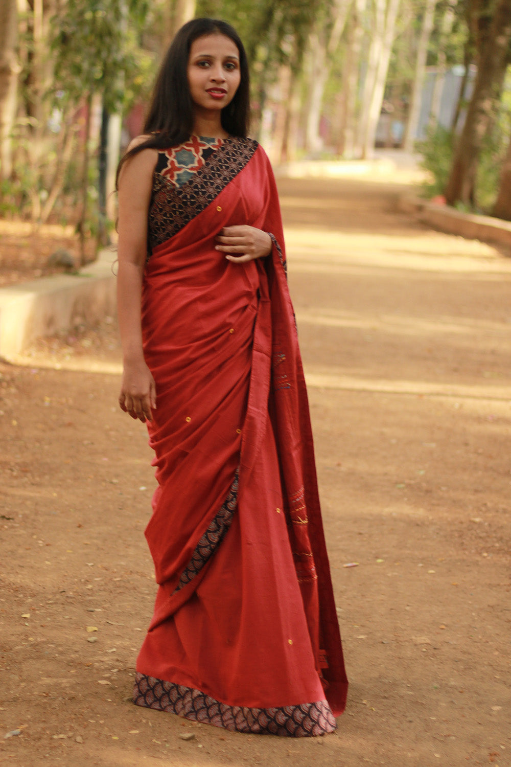 Ajrakh Patchwork Cotton Saree | Red & Black