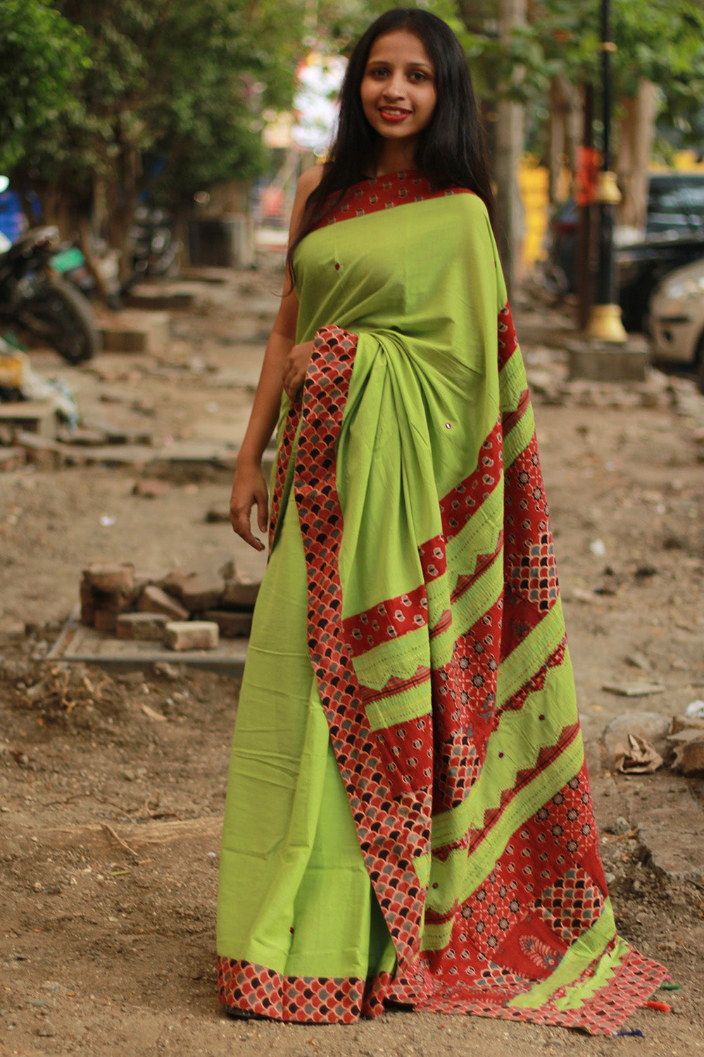Ajrakh Patchwork Cotton Saree | Parrot Green & Rust Ajrakh
