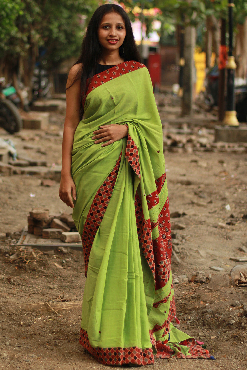 Ajrakh Patchwork Cotton Saree | Parrot Green & Rust Ajrakh