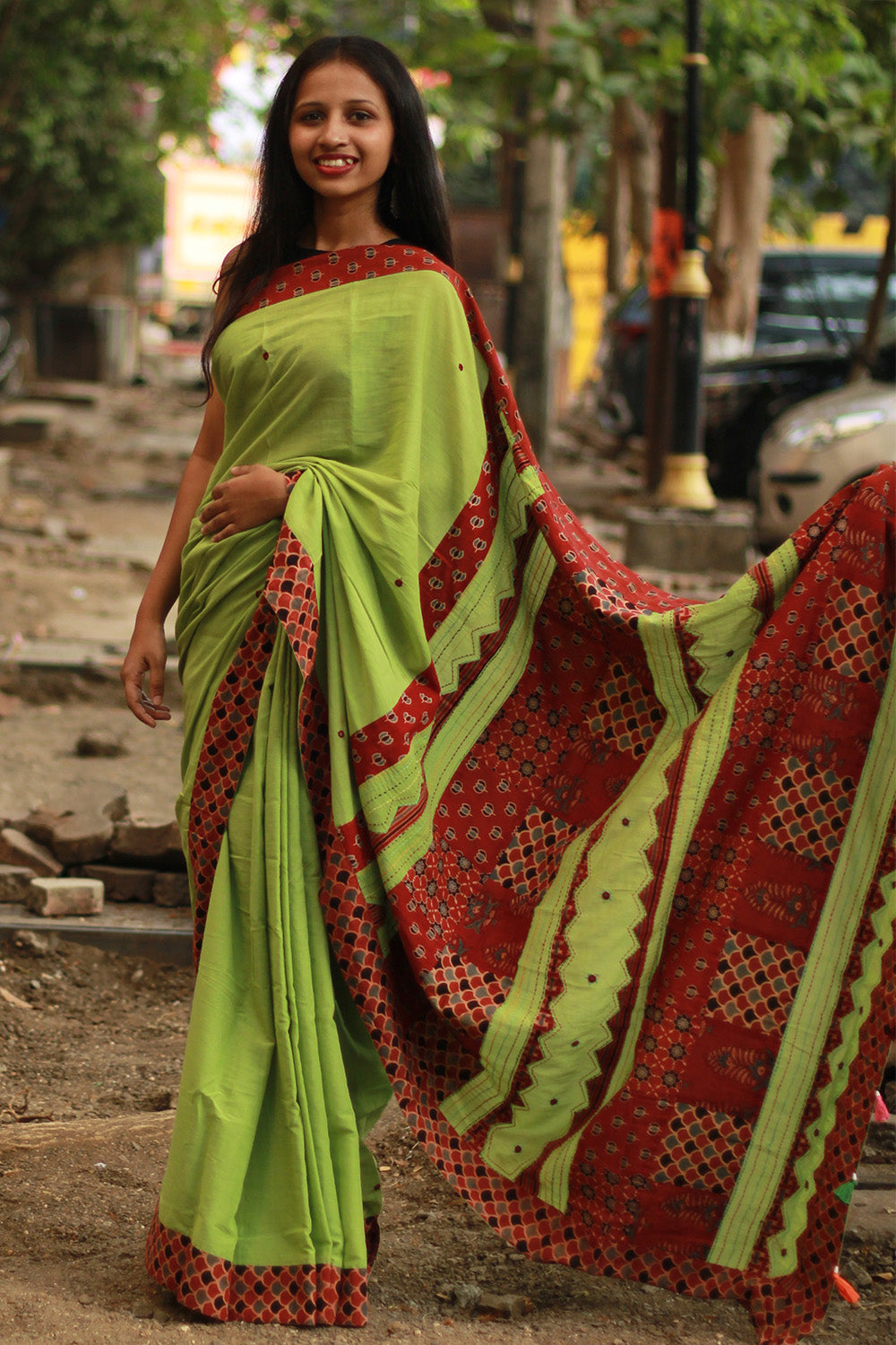 Ajrakh Patchwork Cotton Saree | Parrot Green & Rust Ajrakh