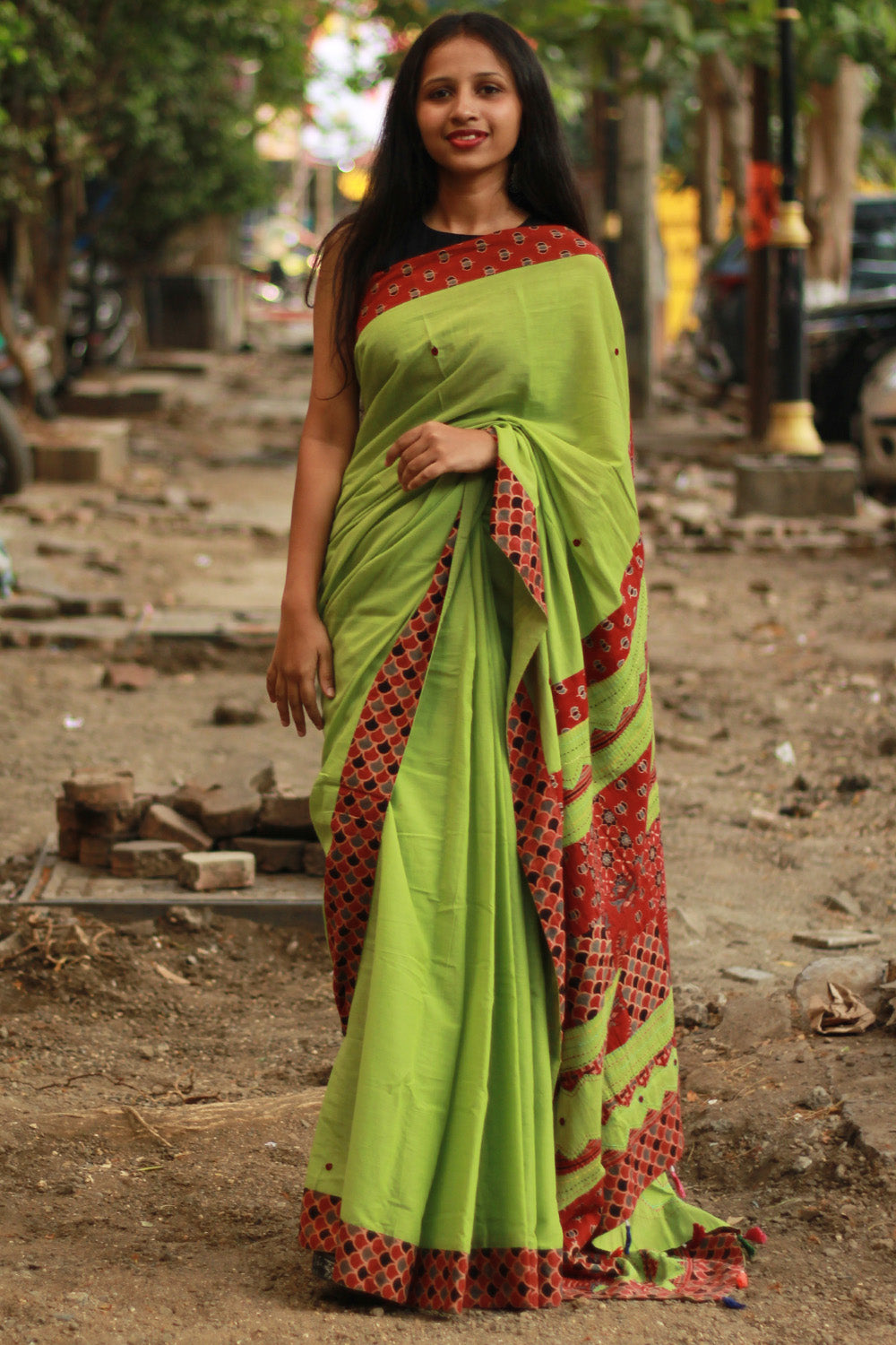 Ajrakh Patchwork Cotton Saree | Parrot Green & Rust Ajrakh