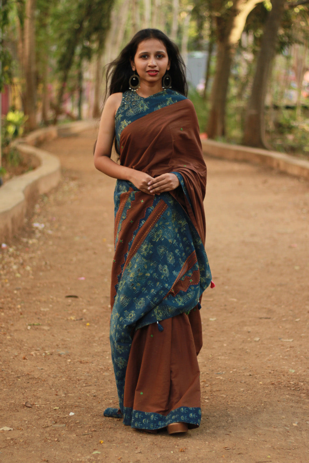 Ajrakh Patchwork Cotton Saree | Chocolate Brown & Ajrakh Blue