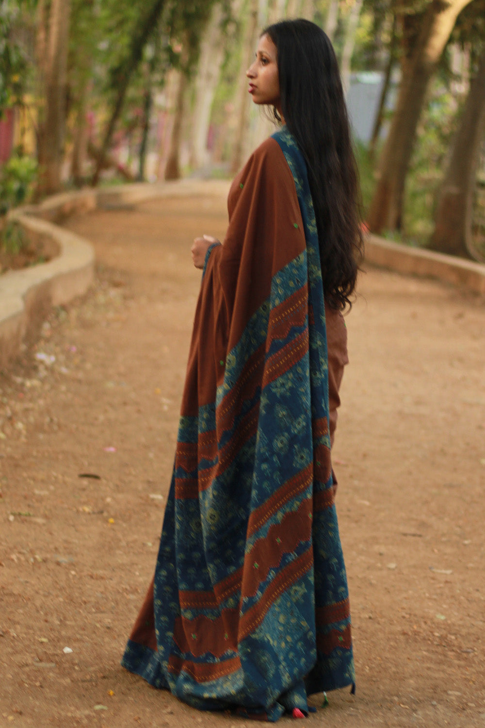 Ajrakh Patchwork Cotton Saree | Chocolate Brown & Ajrakh Blue
