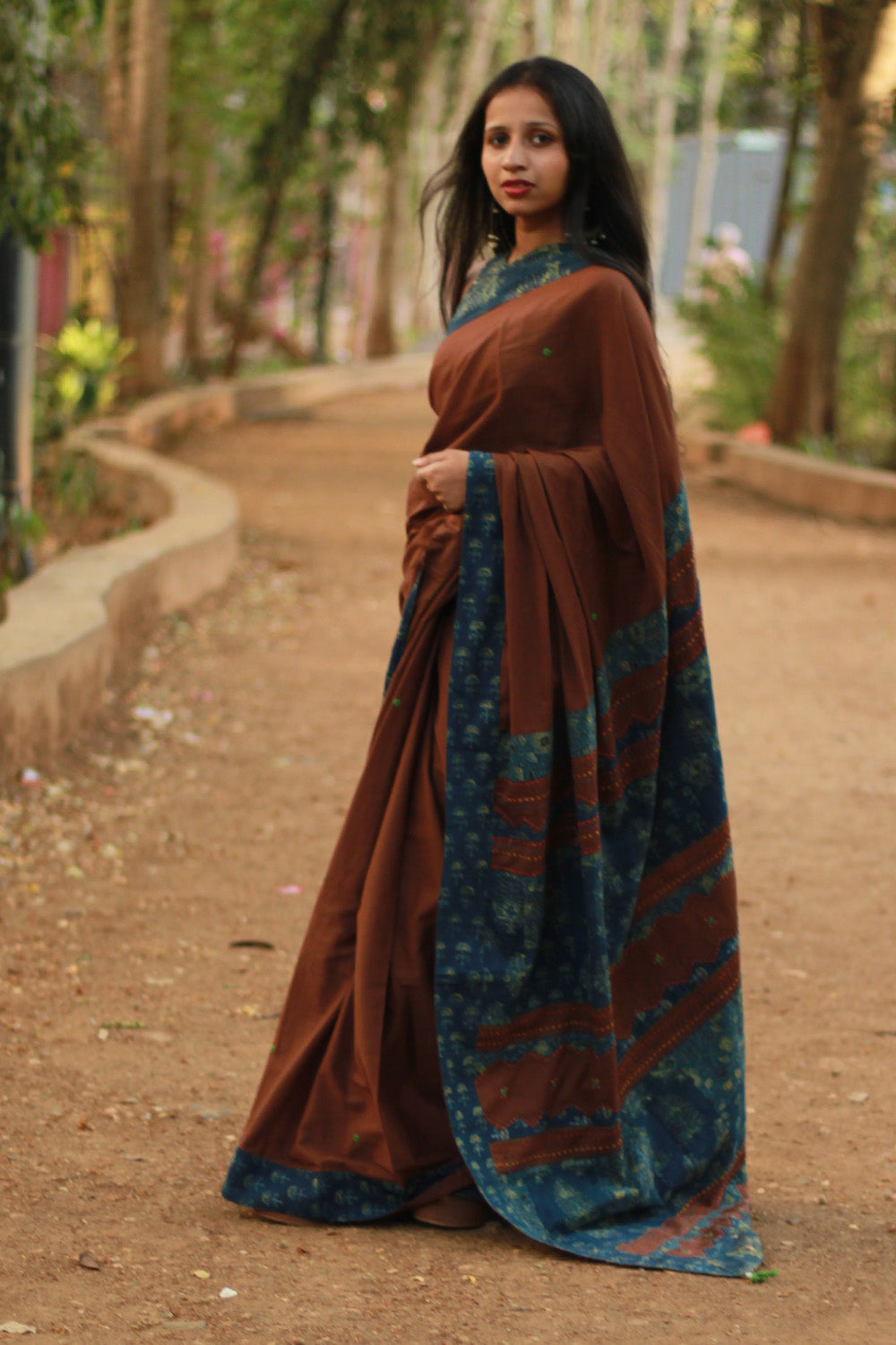 Ajrakh Patchwork Cotton Saree | Chocolate Brown & Ajrakh Blue
