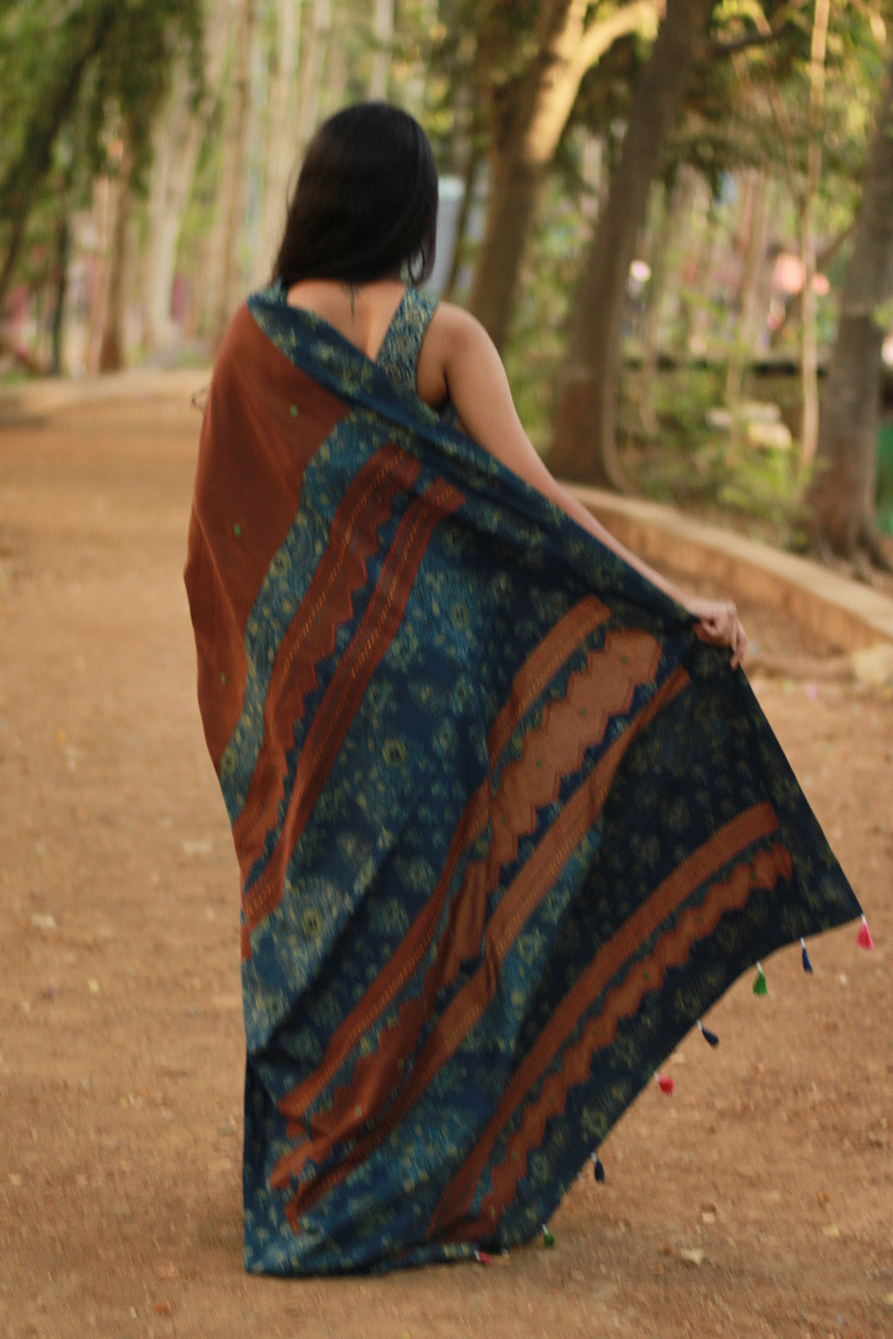 Ajrakh Patchwork Cotton Saree | Chocolate Brown & Ajrakh Blue