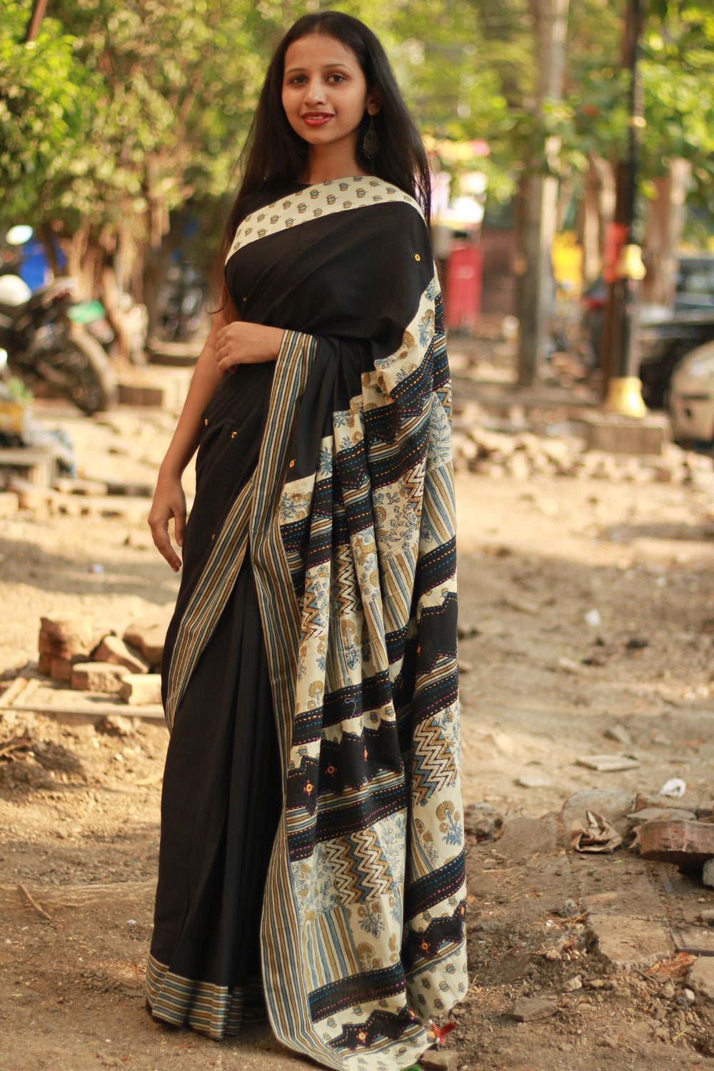 Ajrakh Patchwork Cotton Saree | Black & Ivory