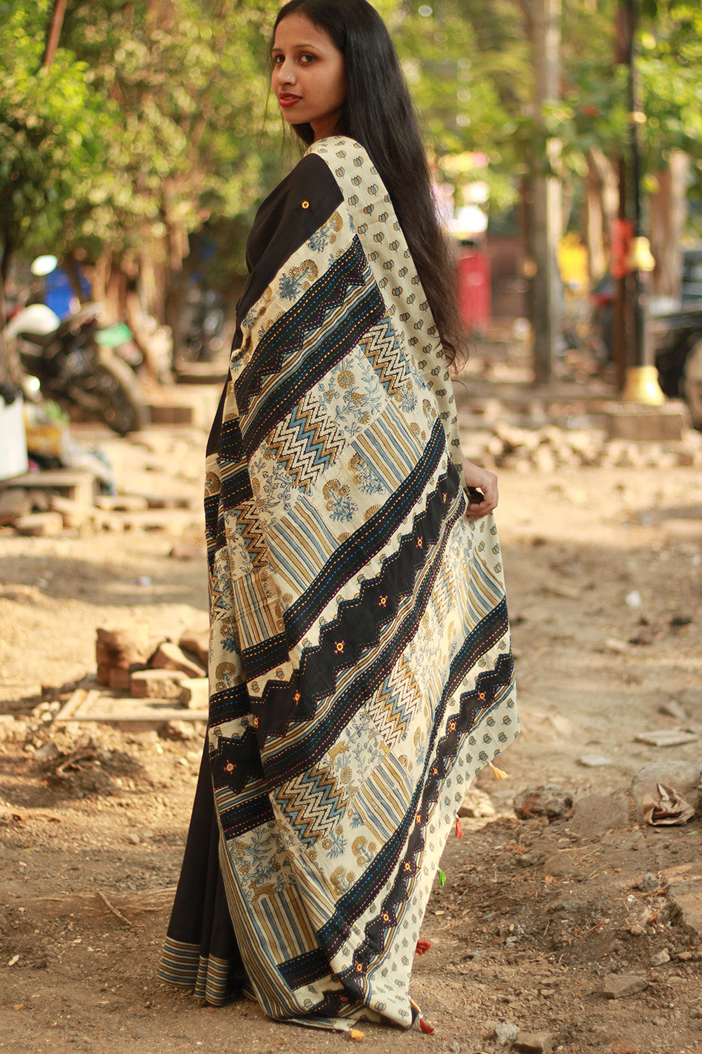 Ajrakh Patchwork Cotton Saree | Black & Ivory