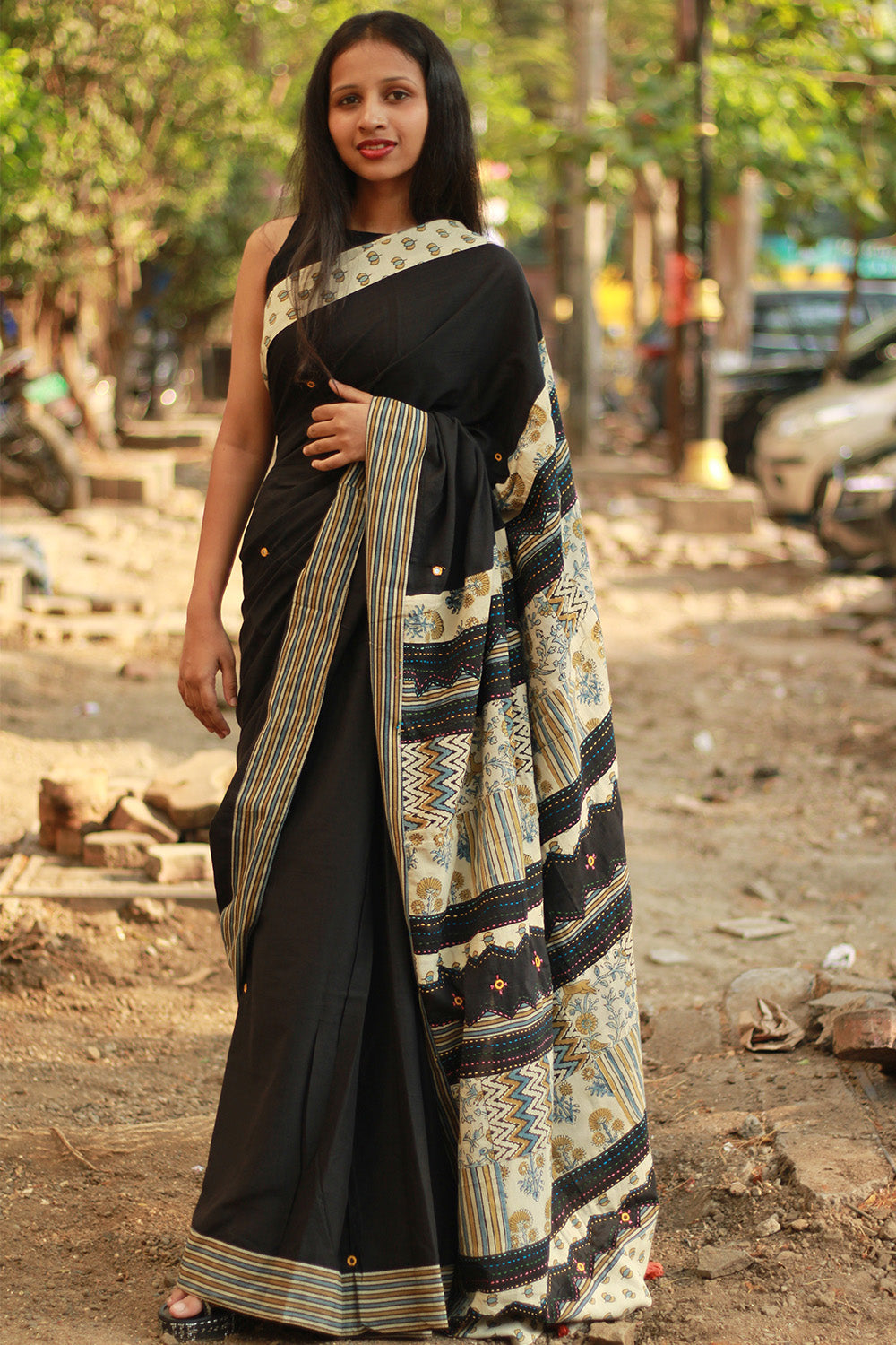 Ajrakh Patchwork Cotton Saree | Black & Ivory