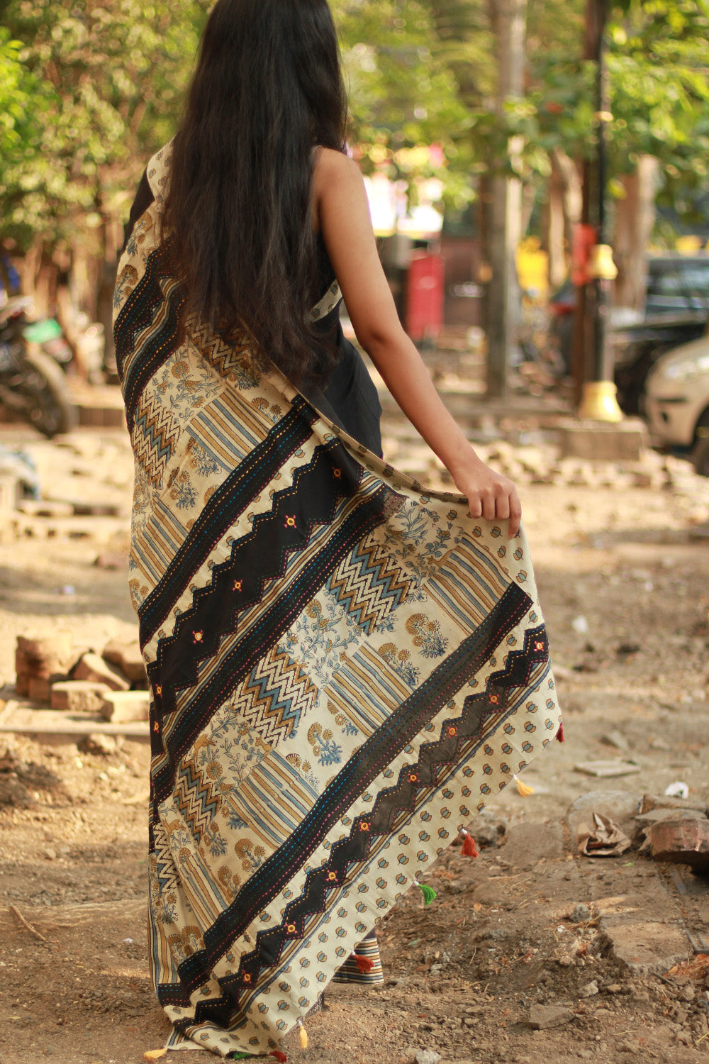 Ajrakh Patchwork Cotton Saree | Black & Ivory