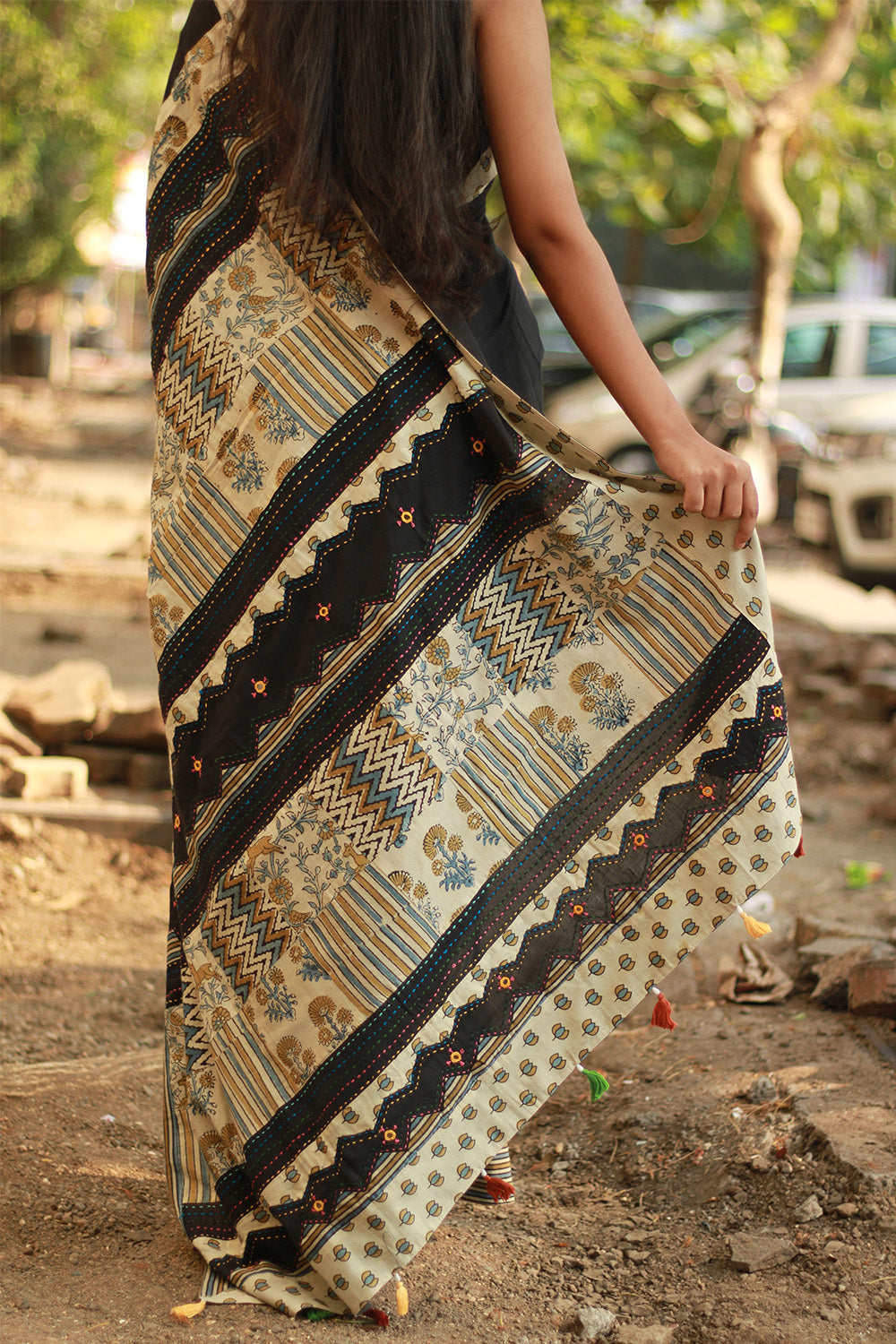 Ajrakh Patchwork Cotton Saree | Black & Ivory