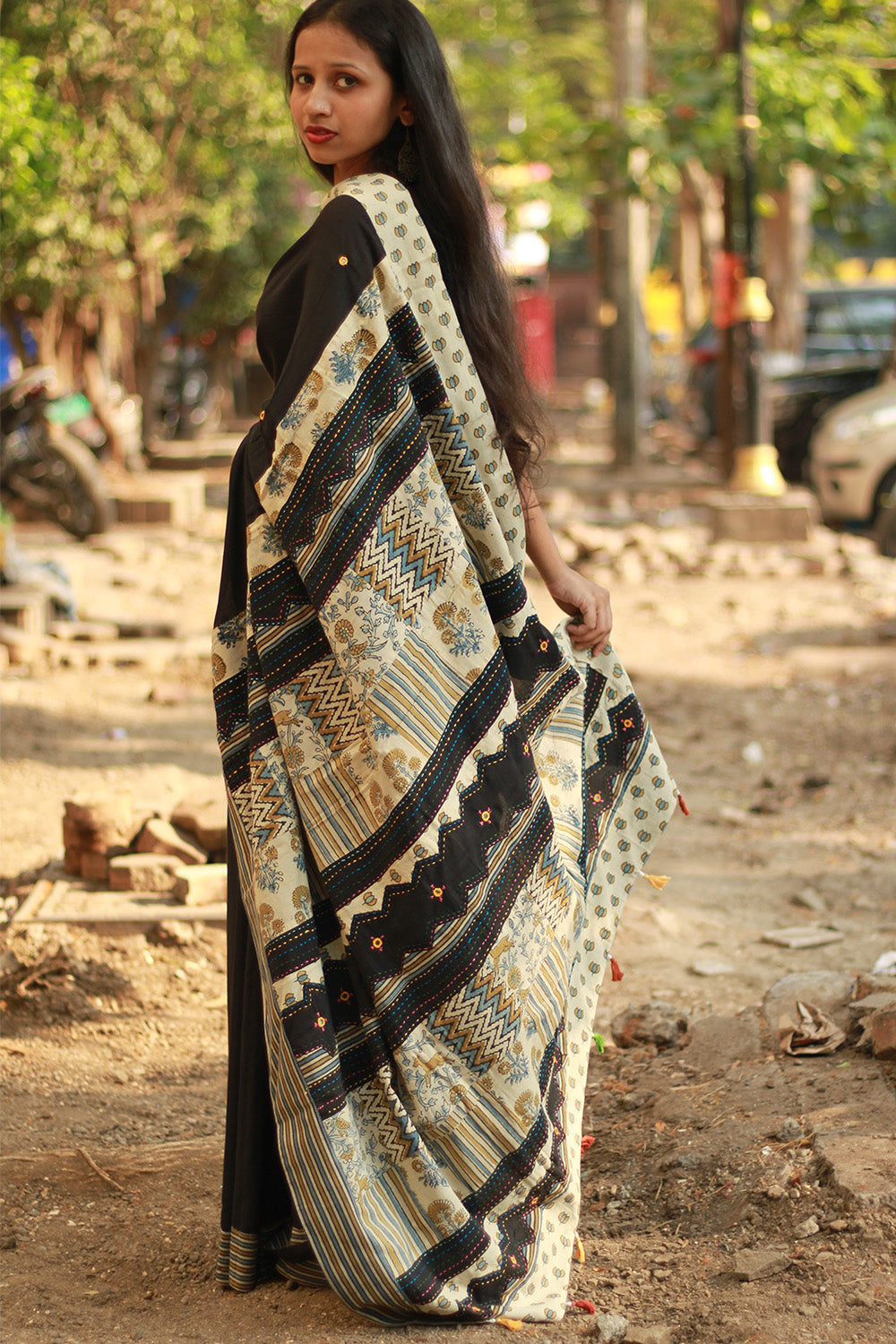 Ajrakh Patchwork Cotton Saree | Black & Ivory