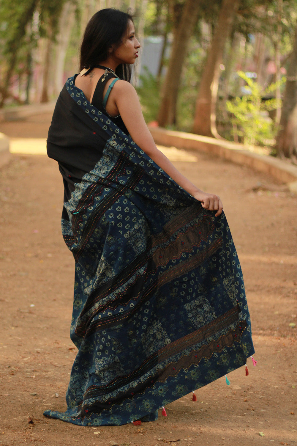 Ajrakh Patchwork Cotton Saree | Black & Ajrakh Dark Blue