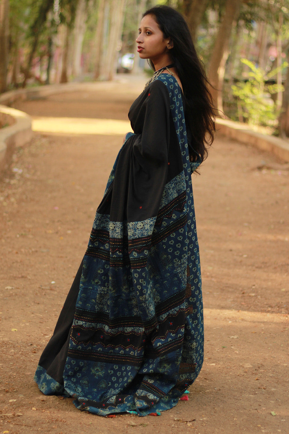 Ajrakh Patchwork Cotton Saree | Black & Ajrakh Dark Blue