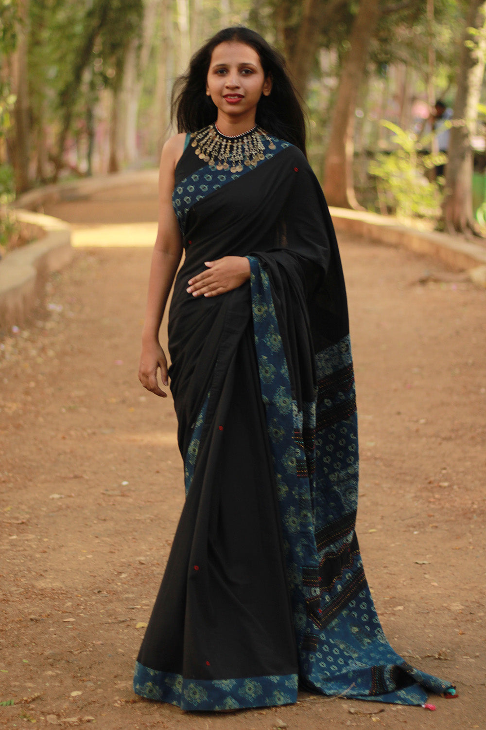 Ajrakh Patchwork Cotton Saree | Black & Ajrakh Dark Blue