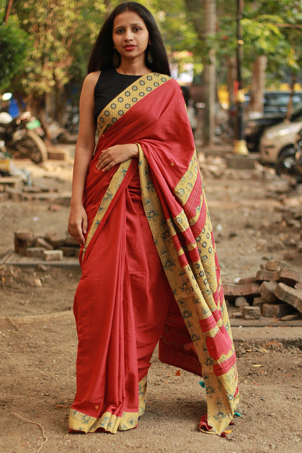 Ajrakh Patchwork Cotton Saree | Rust & Ochre Yellow