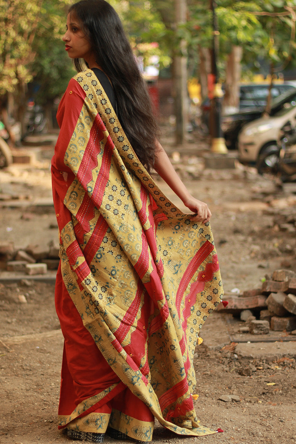 Ajrakh Patchwork Cotton Saree | Rust & Ochre Yellow