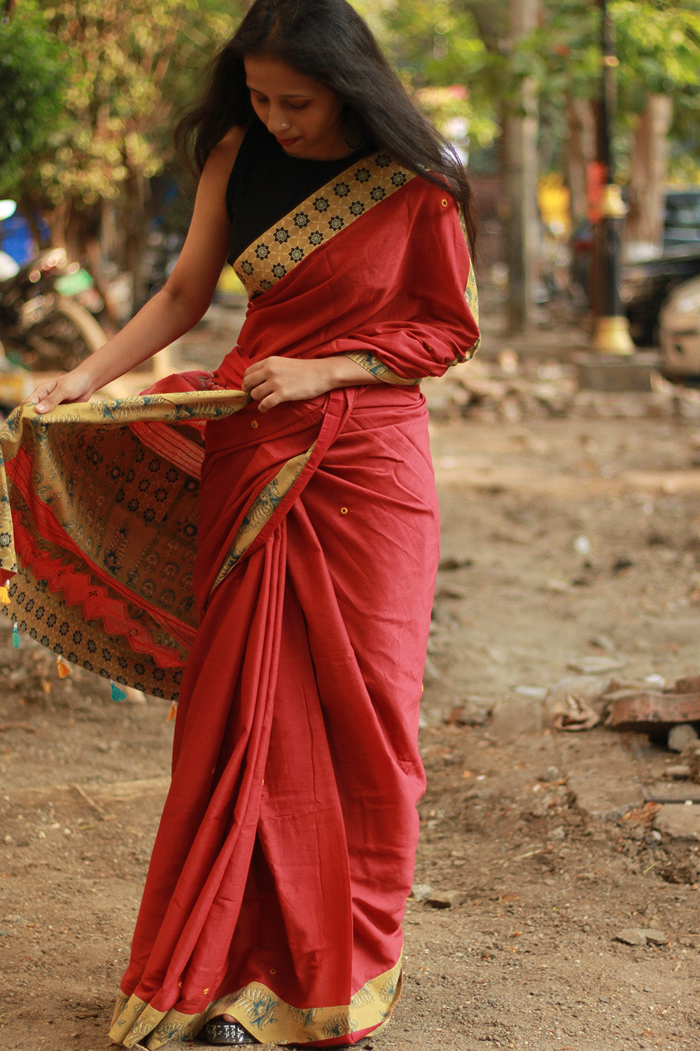 Ajrakh Patchwork Cotton Saree | Rust & Ochre Yellow