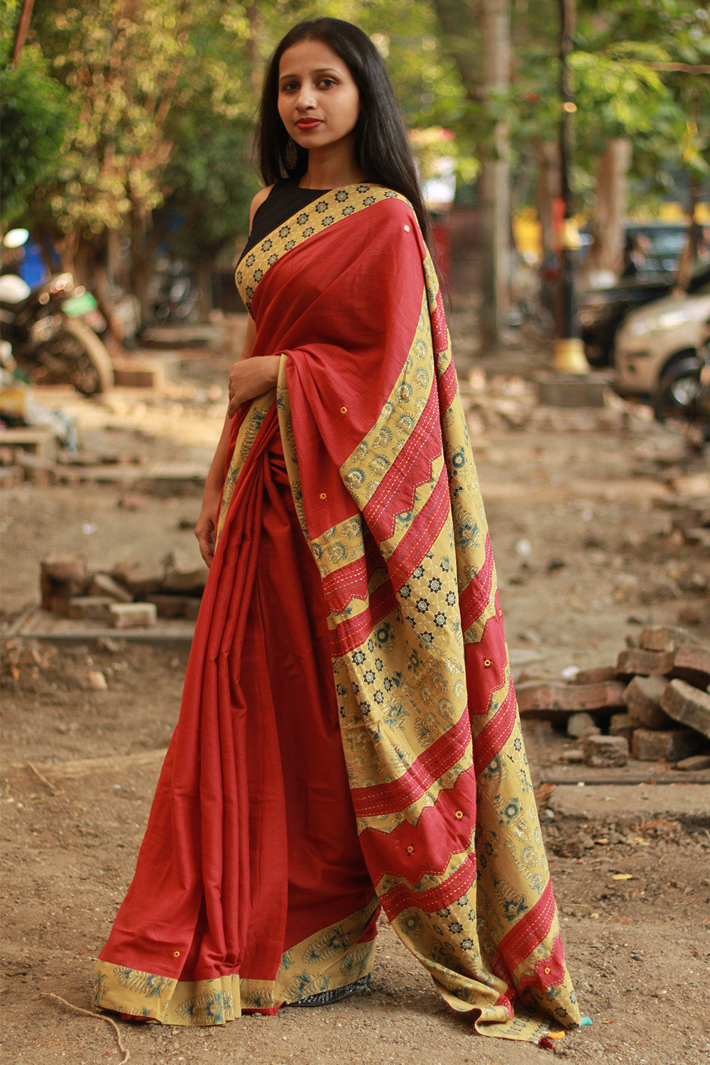 Ajrakh Patchwork Cotton Saree | Rust & Ochre Yellow