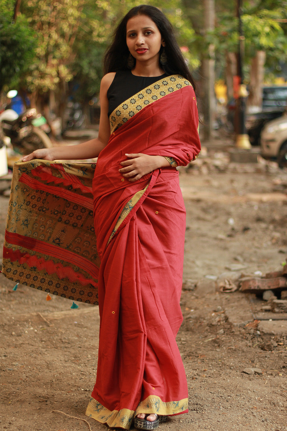 Ajrakh Patchwork Cotton Saree | Rust & Ochre Yellow