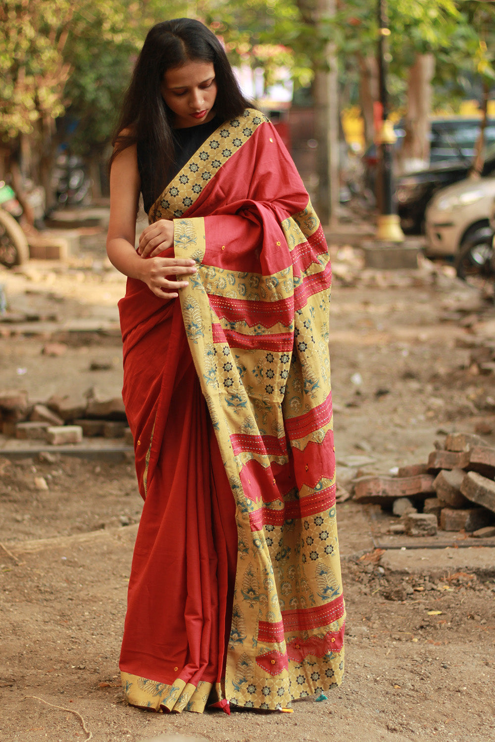 Ajrakh Patchwork Cotton Saree | Rust & Ochre Yellow