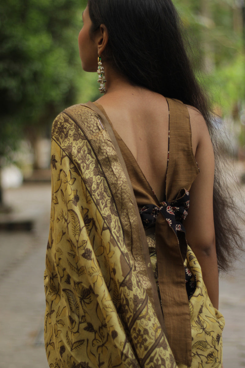 Malini | Dola Silk Saree | Mustard Bagru Vanaspati