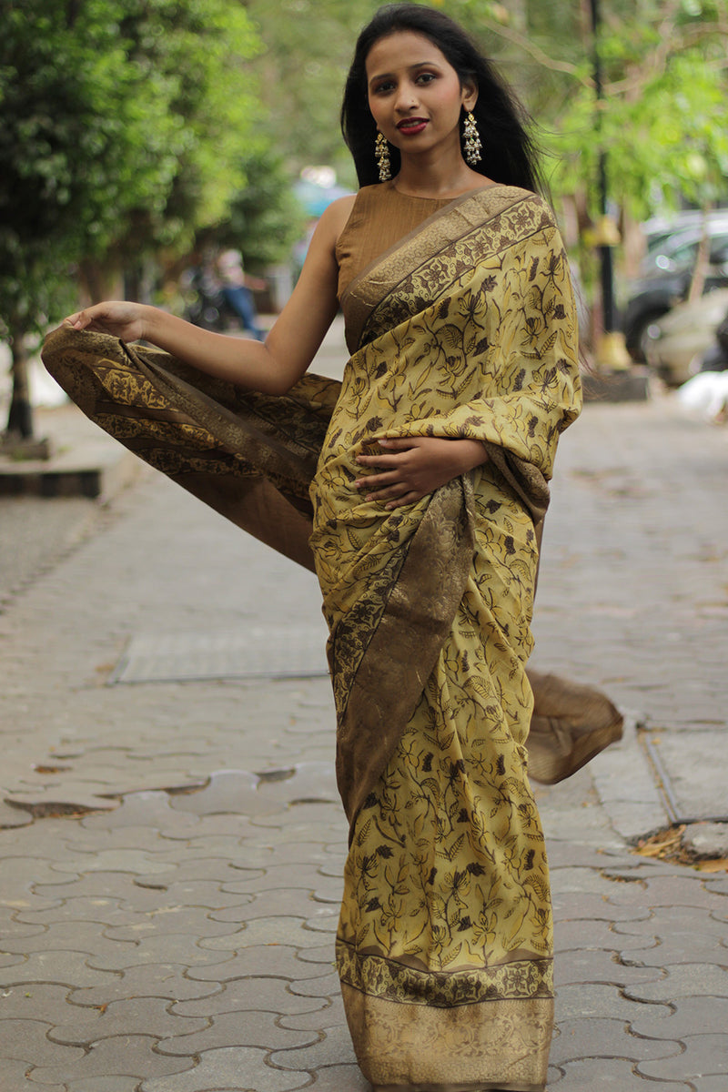 Malini | Dola Silk Saree | Mustard Bagru Vanaspati