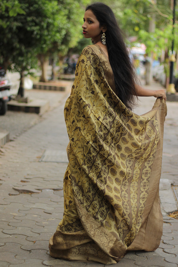 Malini | Dola Silk Saree | Mustard Bagru Vanaspati