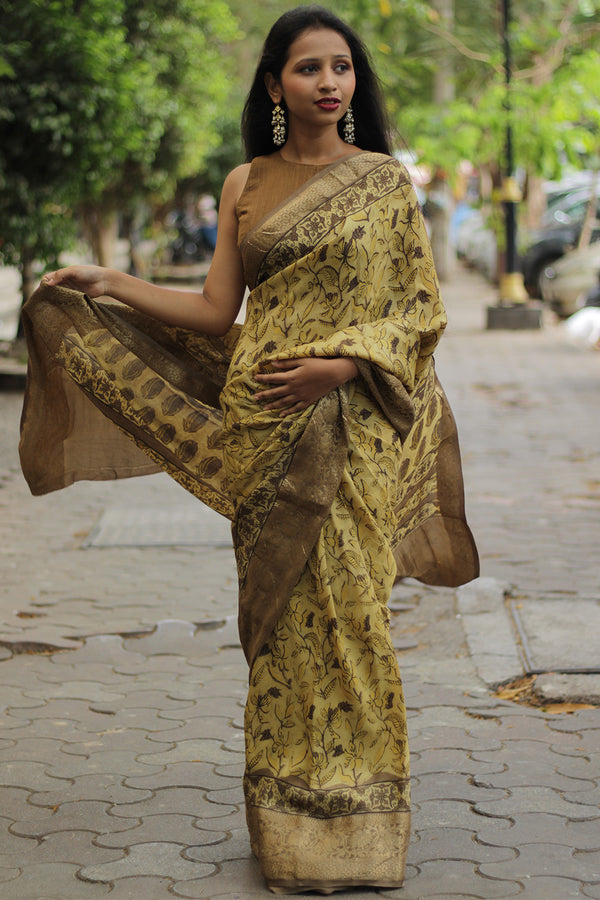 Malini | Dola Silk Saree | Mustard Bagru Vanaspati