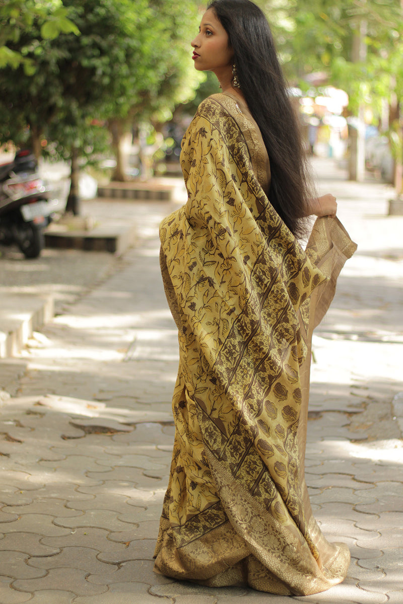Malini | Dola Silk Saree | Mustard Bagru Vanaspati