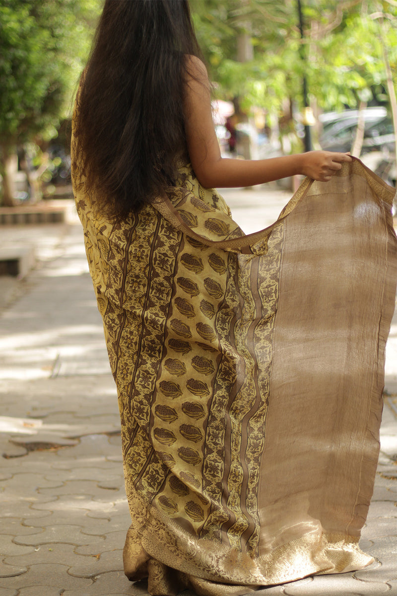Malini | Dola Silk Saree | Mustard Bagru Vanaspati