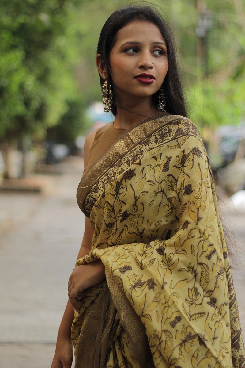 Malini | Dola Silk Saree | Mustard Bagru Vanaspati