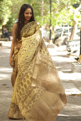 Malini | Dola Silk Saree | Mustard Bagru Vanaspati