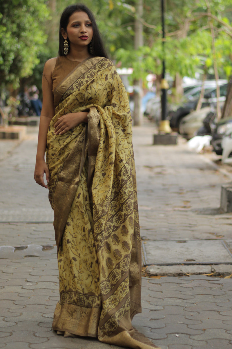 Malini | Dola Silk Saree | Mustard Bagru Vanaspati