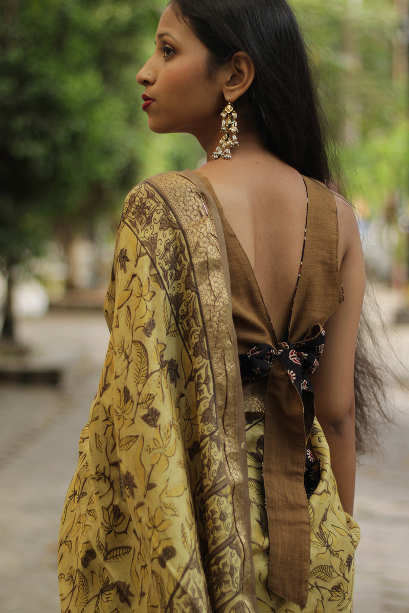 Malini | Dola Silk Saree | Mustard Bagru Vanaspati