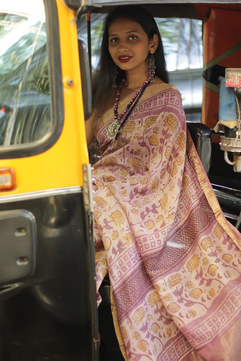 Malini | Dola Silk Saree | Pink Marigold Bagru Vanaspati