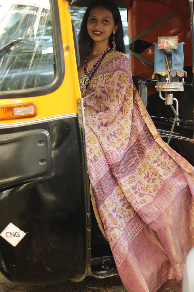 Malini | Dola Silk Saree | Pink Marigold Bagru Vanaspati